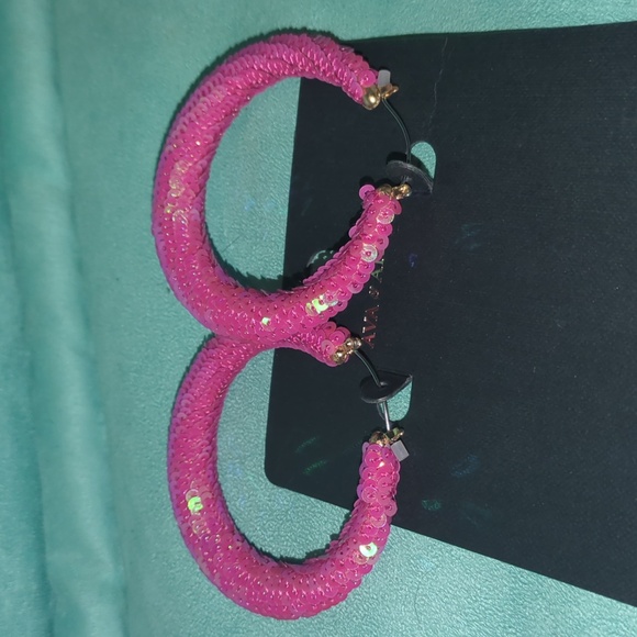Pink Sequined Hoop Earrings | 2.5" Statement Hoops new - Picture 5 of 6